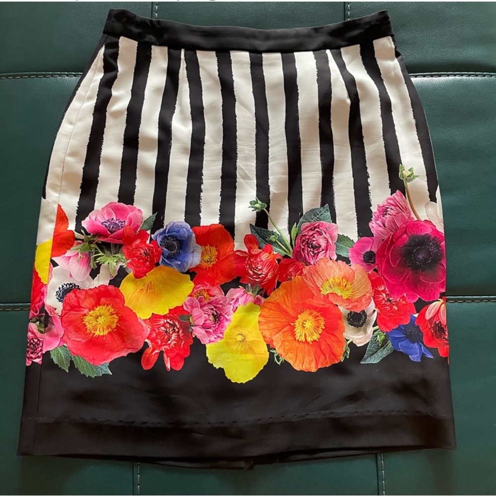 Trina Turk Pencil Skirt. Black and white striped with bright floral bottom